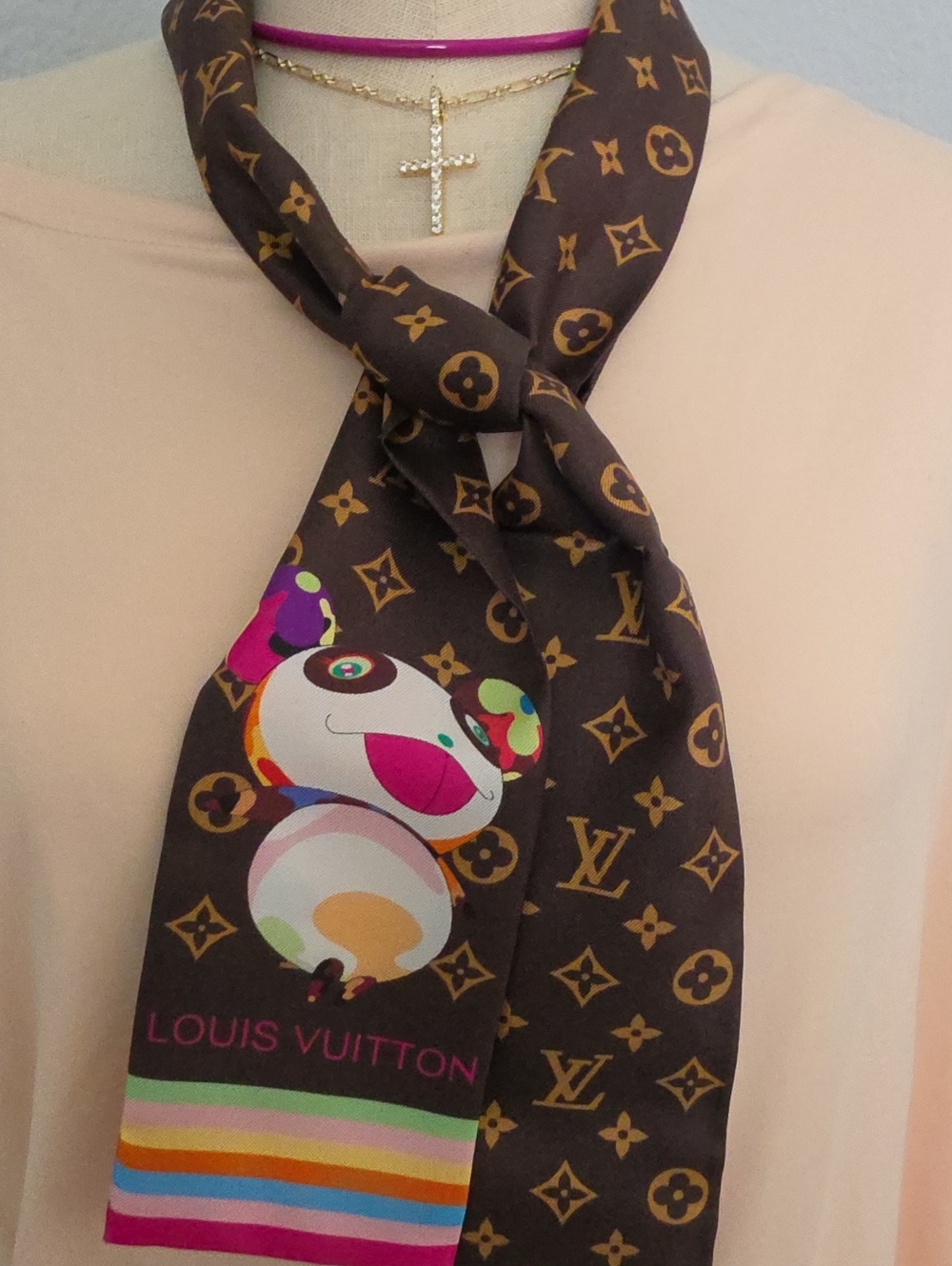 Louis Vuitton Brown Monogram Silk Twilly Scarf with Multicolor Accent